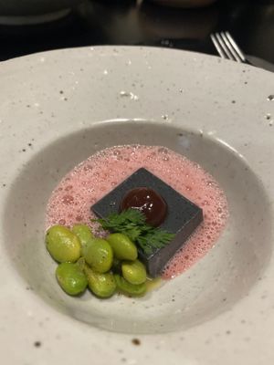 Sesame tofu, beetroot cheese foam, edamame at Sow Vegan in Kowloon