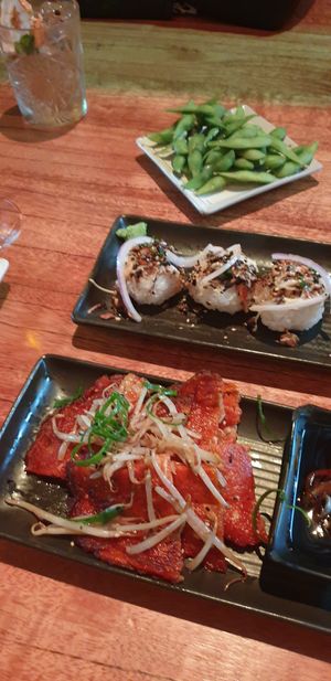 Kimchi pancakes, edamame & mushroom aburi. at Zero Fox in Teneriffe