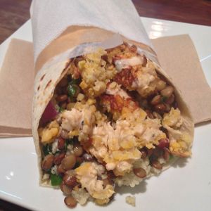 medium wrap with potato salad, lentils, quinoa and falafel  at Habebes Cafe in Queenstown