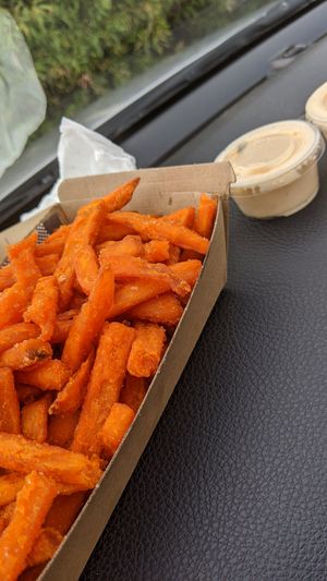 Chips and vegan mayo at Crispy's Burgers in Joondalup