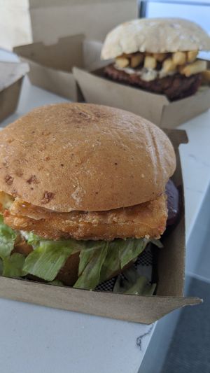 Vegan cheeseburger (fried cheese patty) at Crispy's Burgers in Joondalup