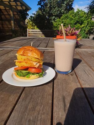Vegan sweet potato burger with a vegan chocolate shake. at Crispy's Burgers in Joondalup