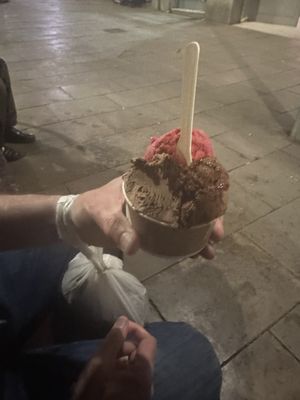 Chocolate - olive oil and salt, frambois, and chocolate hazelnut   at AMMA Gelato in Barcelona