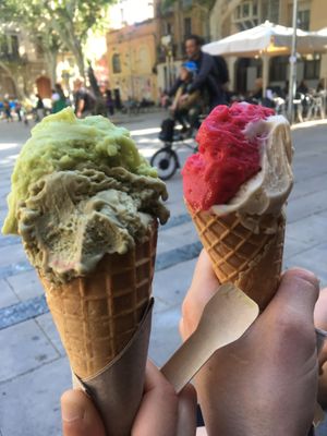 Avocado/coco/lime and pistachio | salted caramel peanut and raspberry   at AMMA Gelato in Barcelona