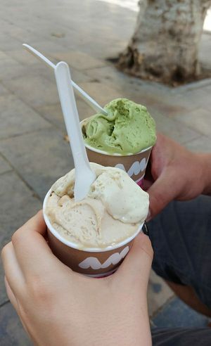 Matcha and pistachio and vanilla and hazelnut (3,60€ each) at AMMA Gelato in Barcelona
