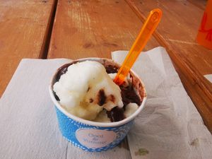 The stand next to the entrance offers several kinds of vegan ice-cream at Las Vegan's - Miamor Rómaim in Budapest