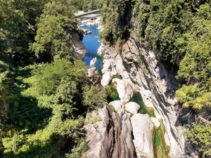 View from adjacent bridge at Osteria all'Orrido in Ponte Brolla