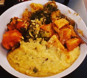Subzi Biryani, Saag Aloo, Gobi Manchurian and a bit of Jackfruit Biryani. at Vegan Rasoi in Barry