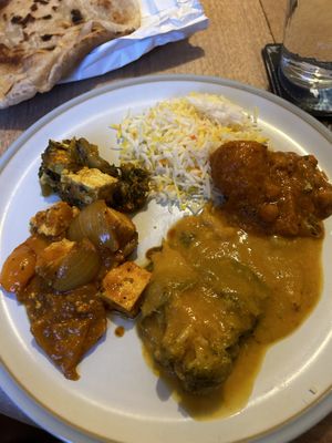 Tofu spinach, tofu with onions, Lorna, mango sabzi   at Vegan Rasoi in Barry