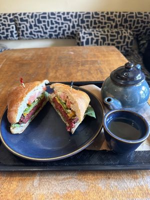 Vegan cheeseburger and genmaicha tea  at Teaism - Dupont Circle in Washington