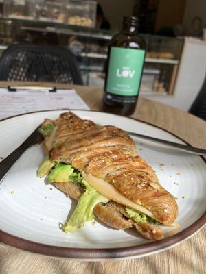 “Turkey” chest avocado 🥐  and kombucha  at Debby's Good Veggie Food in Barcelona