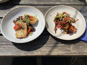 Miso aubergine & friend tofu and shallot bhaji  at The Punter in Oxford