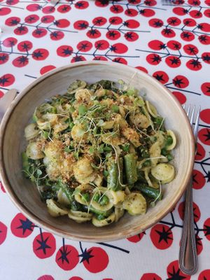 Delicious orechiette Genovese with asparagus and peas at The Punter in Oxford