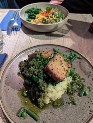 Tofu Satay and Tofu, Greens and Mash at The Punter in Oxford