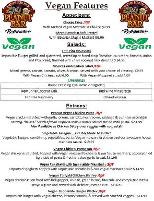 New vegan menu as of Summer 2023 at The Peanut Bar Restaurant in Reading