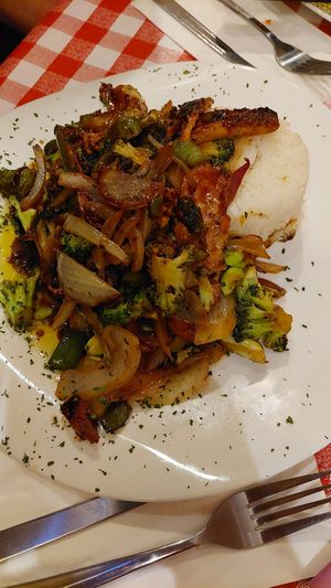 Teriyaki chicken stir fry with jasmine rice at The Peanut Bar Restaurant in Reading