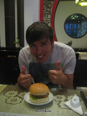 Mock meat burger at Fate Blessing Buddha in Phnom Penh