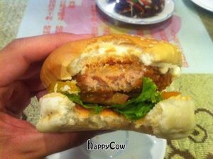 Mock meat burger at Fate Blessing Buddha in Phnom Penh