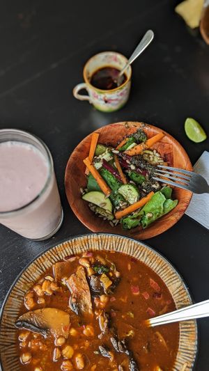 Strawberry coconut cream shake, pozole, delicious salad! at La Cocina del Zorro in Tijuana