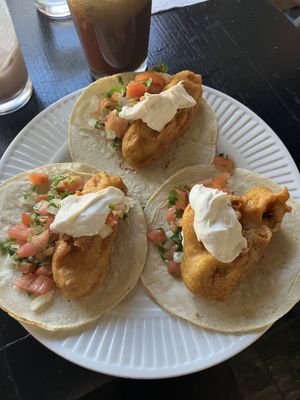 Vegan “fish” tacos!! Tofu deep fried in a fish like style. So good!  at La Cocina del Zorro in Tijuana