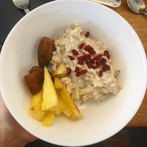 Brunch: Bircher Müsli, Pineapple and dates  at Golden Temple Teehaus in Hamburg