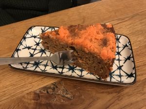 very moist & delicious carrot-banana-cake with cinnamon  at Golden Temple Teehaus in Hamburg