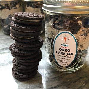 Oreo Cake Jar with layers of chocolate cake with vanilla cream and ganache and cookies and cream frosting at Bitchy Vegan Homo in Cleveland