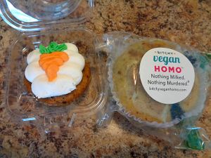 Carrot Cake Cupcake and Blueberry Muffin. Cupcake icing was the fluffy, whipped kind. Generous raisin filling. Both were good, but the muffin was extra-fabulous. at Bitchy Vegan Homo in Cleveland