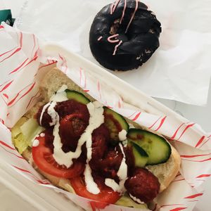 Meatball sub and donut  at Vx in North London