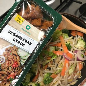 Making it healthy by adding vx’s kebab to stir fried veggies at Vx in North London