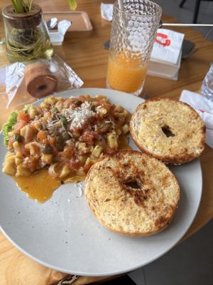 Aubergine, pepper and tomato on a toasted bagel  at The Bakery 88 in Dali