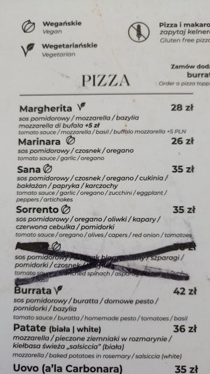 Three vegan pizzas are left on the menu (Sept 2023) at Pizza i Gitara in Bydgoszcz