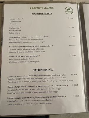 Vegan menu at Fiorentina in Locarno