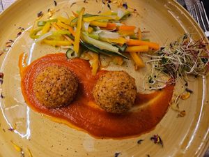 Vegan polenta with tomato sauce at Fiorentina in Locarno