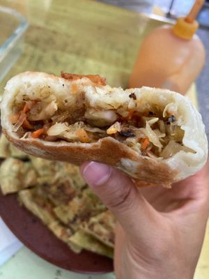 Pan-fried bun loaded with veggies! at Nán Tún SùShí Shuǐ Jiān Bāo 南屯素食水煎包 in Taichung