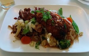 Seitan, rice noodles, vegetables and delicious sauce at Loving Hut in Hannover