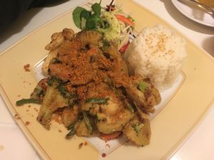 veggies in peanut sauce with rice at Loving Hut in Hannover