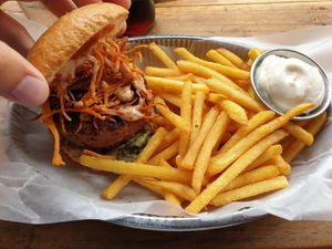 Vegan beyond burger with aioli dip. at Burgersson in Gothenburg