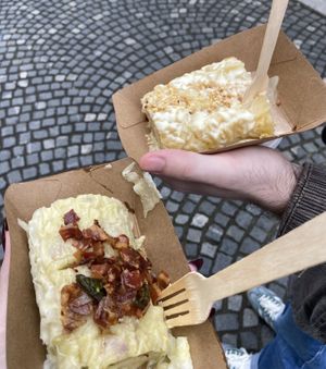 Asparagus dumpling (pictured on the left).  at Moji Struklji - My Dumplings of Slovenia in Ljubljana