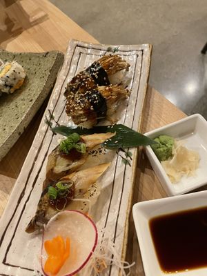 Nigiri- enoki mushroom and eggplant  at Chikyū Vegan Sushi Bar & Izakaya in Las Vegas