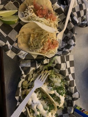 Left is vegan fish tacos and right is vegan chicken!  at Pelon's Baja Grill in Norfolk