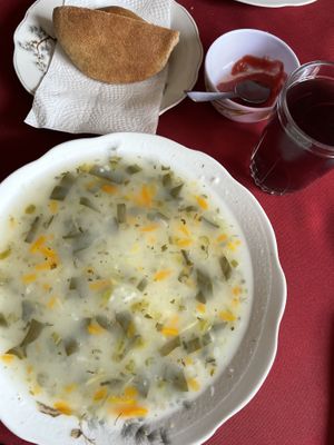 Some sort of veg soup, bread & tea  at Snack Vegetariano Dona Franca in Sucre