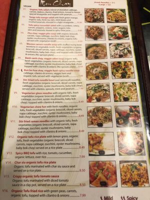 Vegan section of menu at Chopstix in Seaside