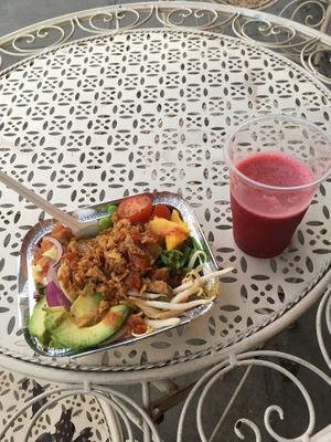 Poke bowl and raspberry slush!! at Healthylicious UK in Brighton