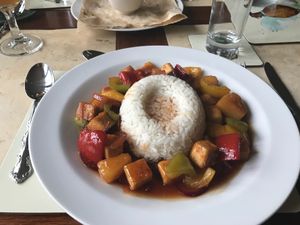 Linda’s sweet and sour crispy tofu. She even gave me the recipe! at Goats & Oats at Garsdale in Sedbergh