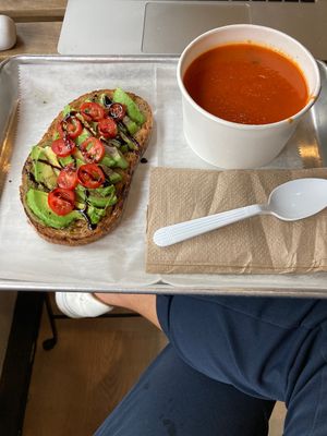 Tomato soup and viva la vegan toast combo  at Life Bowls in New Haven