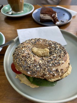 Hummus bagel with eggplant, tomatoes and (sadly just a little) mint  at Fendricks in Berlin