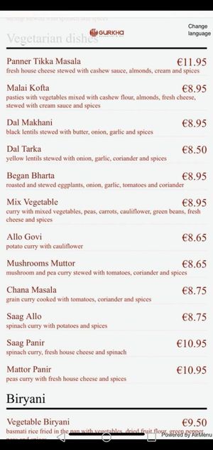 Menu at Gurkha Restaurant & Bar in Lisbon