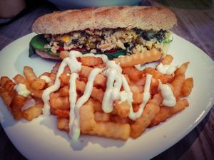 Chickpea tuna and fries at Sol de Maple in Cozumel