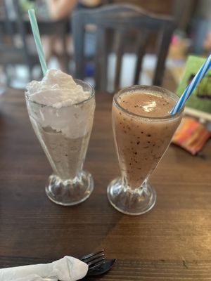 Smoothie with fruits of the season and “Chunky Monkey” Milkshake (homemade peanut butter and chocolate)  at Sol de Maple in Cozumel